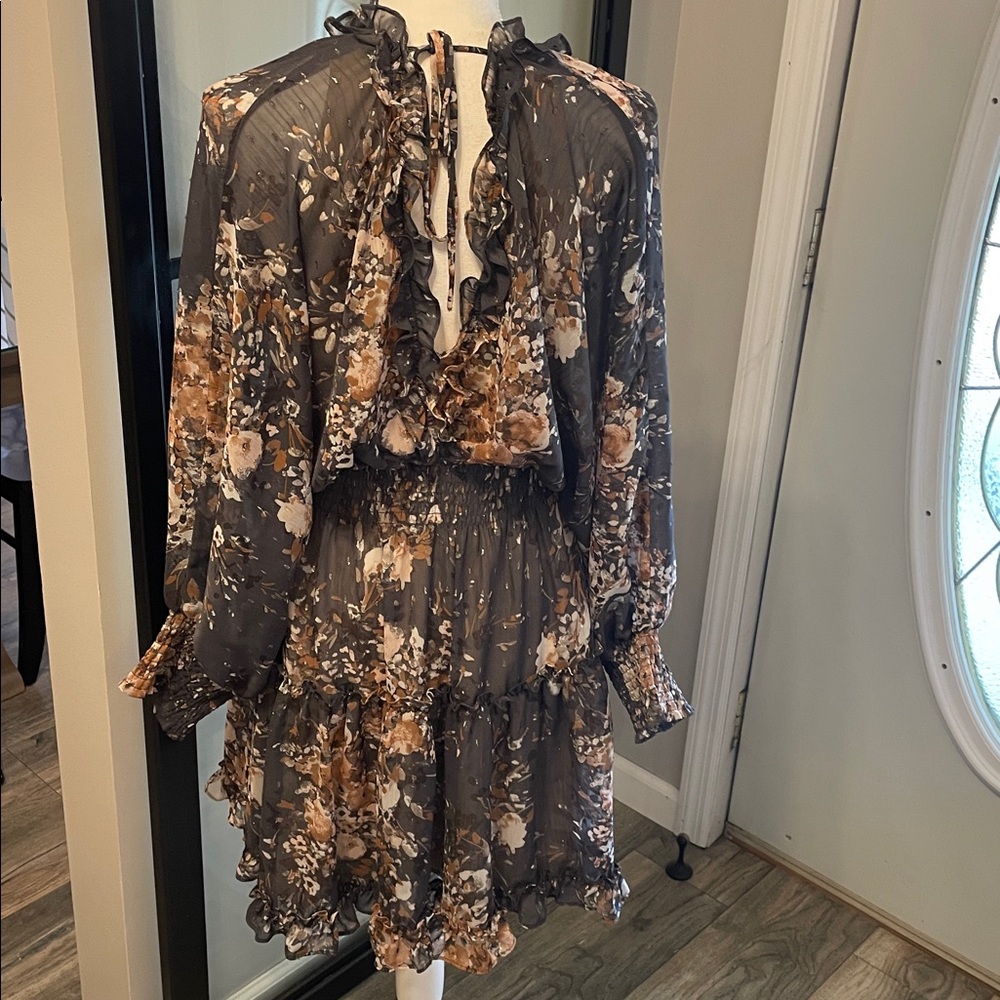 Lovestitch Boho Dark Grey Floral Low Cut Long Sleeve Dress…Size Large - Picture 6 of 10